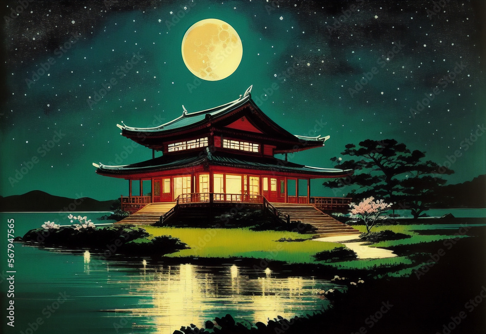 The cherry blossom and template under night sky The cherry blossom and template under night sky