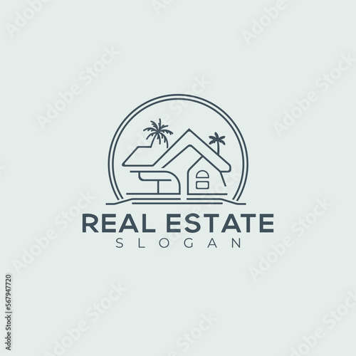 Real Estate Minimal simple line art Home Logo design with tree