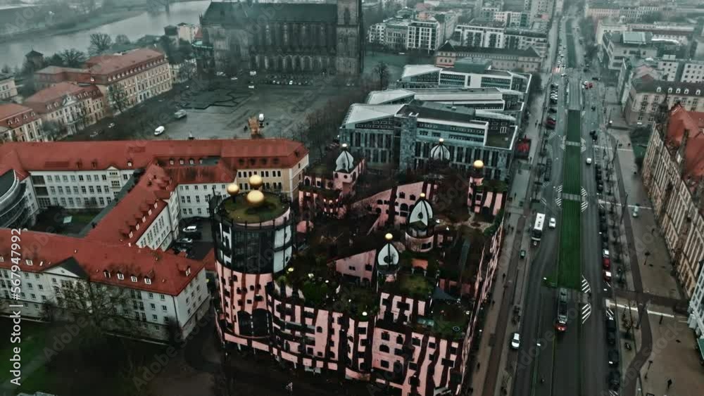 Aerial view of the Green Citadel (Grüne Zitadelle) by Friedensreich Hundertwassers in Magdeburg city, Saxony-Anhalt, Germany . Aerial view of the Green Citadel (Grüne Zitadelle) by Friedensreich Hundertwassers in Magdeburg city, Saxony-Anhalt, Germany .