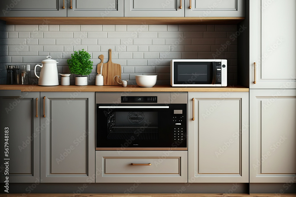 Mockup built in modern kitchen counter with microwave and oven sink and