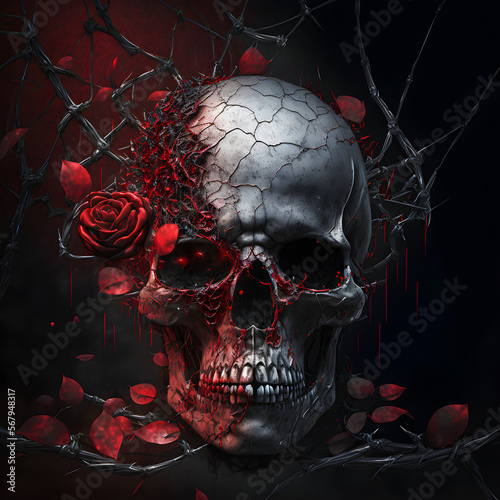 Artwork design for posters, t-shirts, album covers, for metal music fans, bikers clubs of a concept of horrifying and scary skull concept. Created with Generative AI technology photo