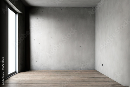A portion of a gray concrete wall may be seen in the background of an empty loft. Generative AI