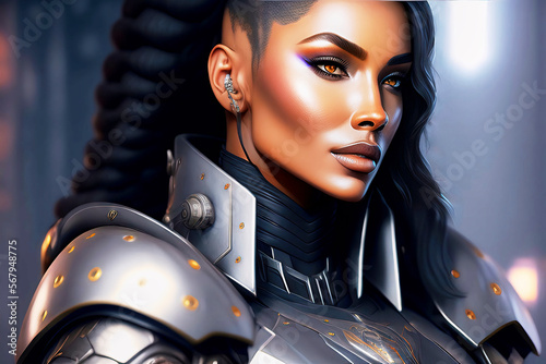 Dark-skinned, almond-eyed young woman with high cheekbones wears armor made of heavy iron plates,fictional person, made with generative AI