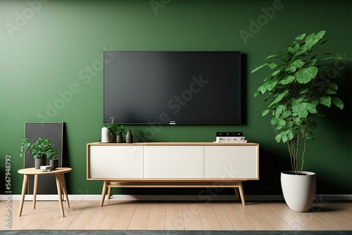 Mockup of a smart TV in a Japanese home room on a green wall. Generative AI