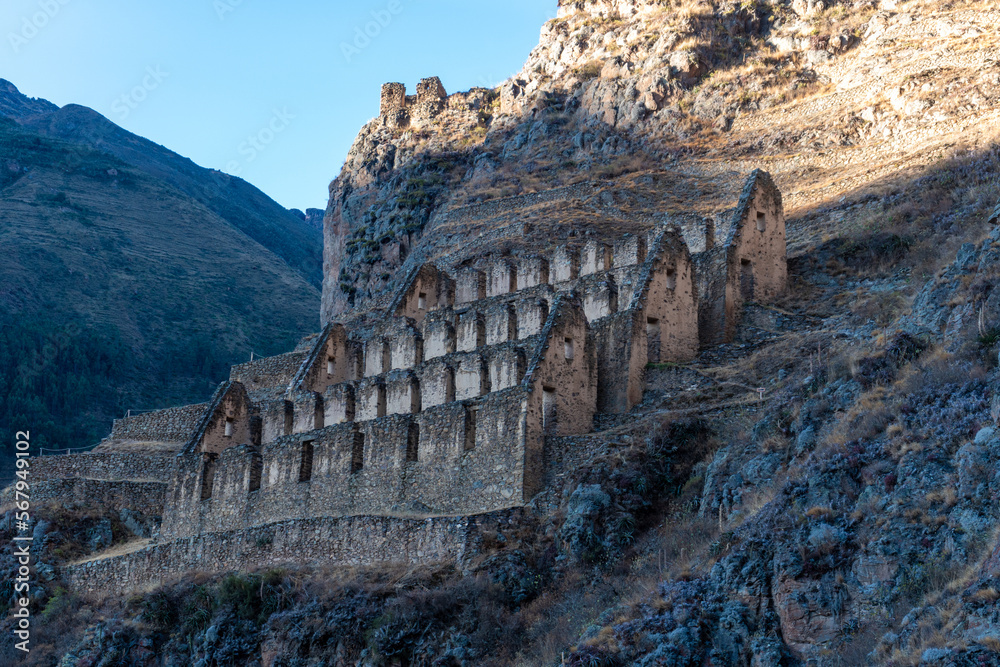 Background photographs of the Qolqas in the citadel of Ollantaytambo in ...