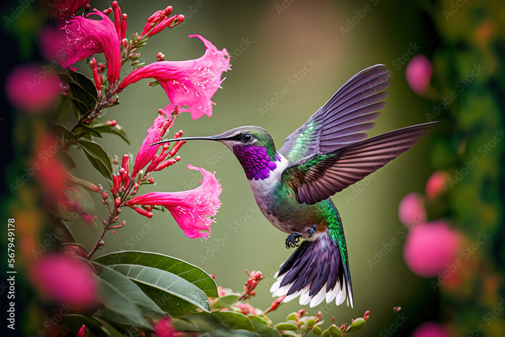Pink blooming hummingbird in a wooded environment. Flying in a natural tropical wood habitat, red flower, green violet ear, Colibri thalassinus, Tapanti National Park, Costa Rica. Jungle wildlife scen - obrazy, fototapety, plakaty 