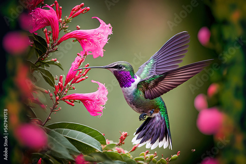 Leinwand Poster Pink blooming hummingbird in a wooded environment