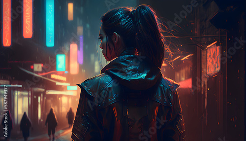 girl in cyberpunk city, digital illustration