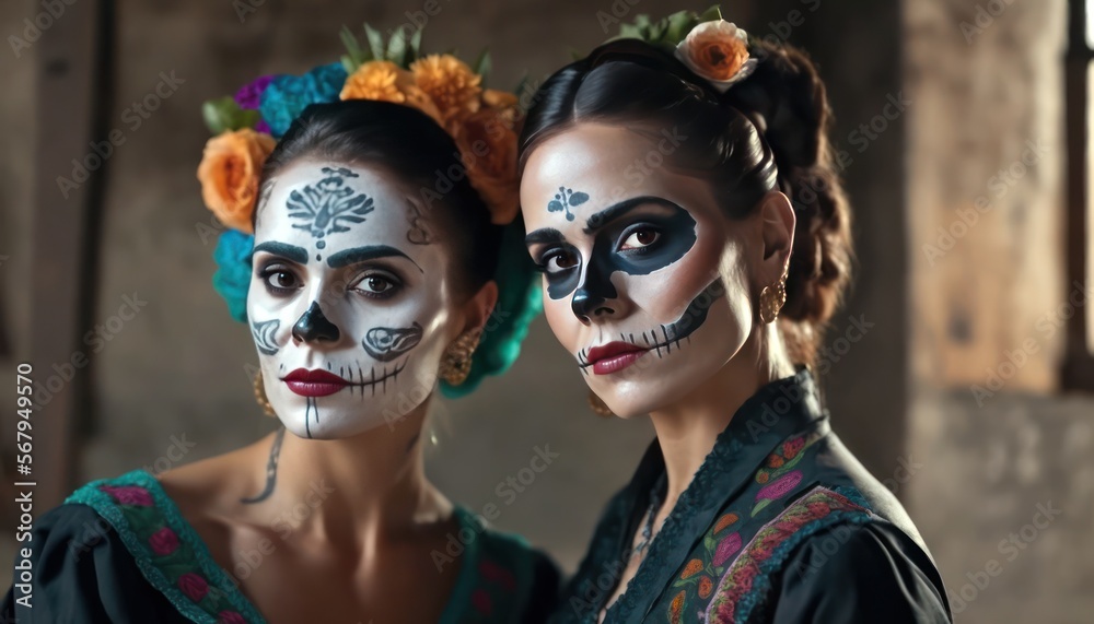 Dia de los muertos, Mexican holiday of the dead and halloween. Two Women with sugar skull make up and flowers. generative AI