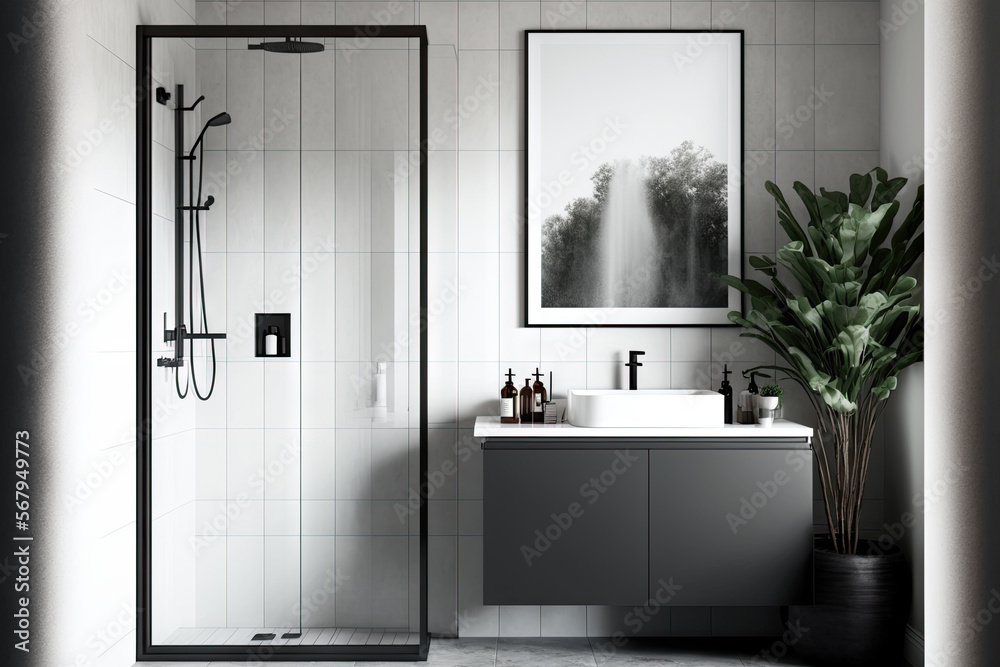 Fototapeta premium Front view on blank white poster on light grey wall in stylish bathroom with dark sink cabinet, shower with glass partition and wood effect tiles wall background. , mockup. Generative AI