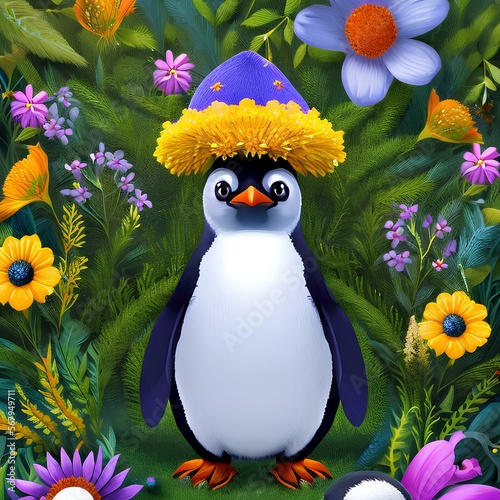 A whimsical penguin with a hat made of flowers3, Generative AI photo