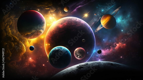 Computer wallpaper fantasy galaxy colorful planets and stars. Bright vibrant colors. Beautiful.