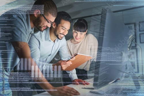 Plakat w ramie Business people, coding and information technology with computer screen and tablet, programming and software development. Code overlay, futuristic and collaboration, meeting with programmer team