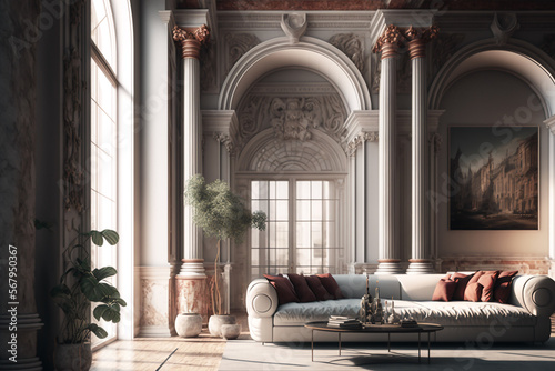 Interior classic luxury living room high ceiling white sofa 