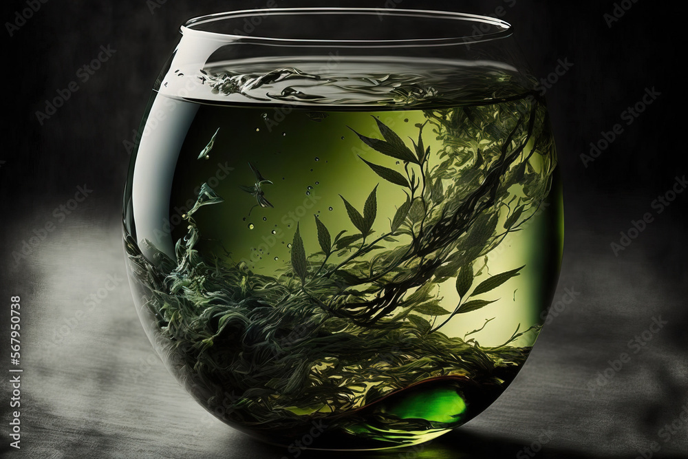 water infused with fresh green tea leaves. Generative AI water infused with fresh green tea leaves. Generative AI