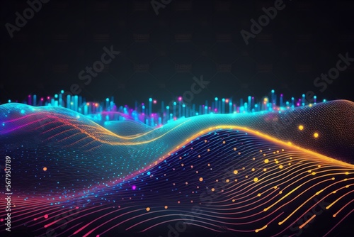 Blockchain fields for data. stream of network connection. Concepts of artificial intelligence, digital communication, scientific inquiry, and 3D illustrations of musical waves. Generative Ai.