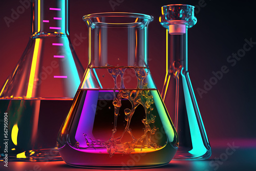 In a chemistry lab, a table with glass test tubes filled with liquid is visible. evaluating the refinement idea for petroleum products. Generative AI photo