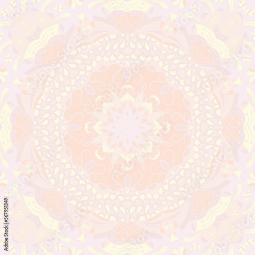 Seamless tile texture. Tracery mehndi design image. Pastel. Ethnic doodle art. Curved doodling picture. Vector