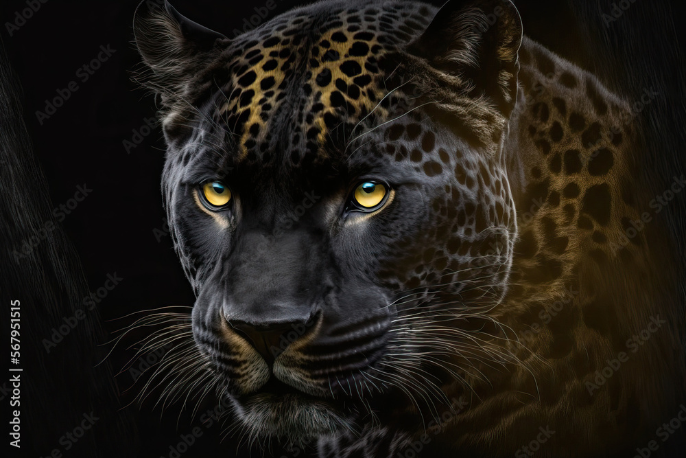 The image of a leopard (Panthera pardus). Black panthers are another name for melanistic leopard. Generative AI