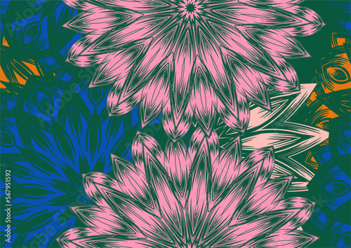 Flowers. Seamless floral background. Tracery handmade nature ethnic fabric backdrop pattern. Textile design texture. Decorative color art. Vector