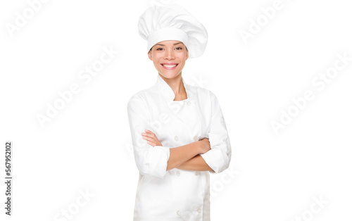 Chef, cook or baker woman. Happy proud portrait of female in chef uniform and chef hat isolated cutout PNG on transparent background. Asian Caucasian woman model.