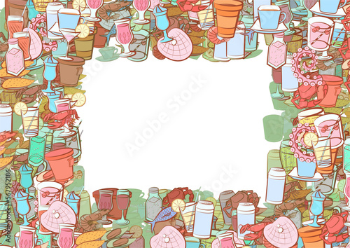 Background pattern abstract design texture. Drinks and Seafood. Border frame, transparent background. Theme is about fish, cheese, Cup, bottle, figured glass, cherries, plastic, drinking straw