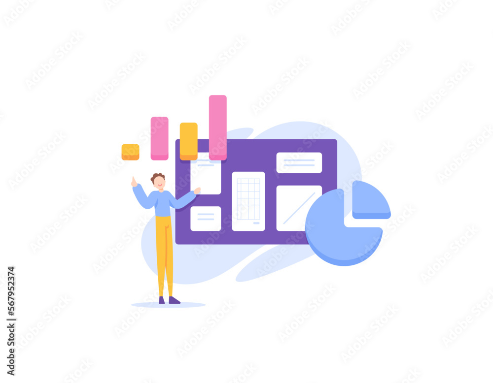 making a business idea or plan to achieve the goals. Strategizing and Product Research. a businessman presenting the Data Results from the Analysis and business model on the board. illustration