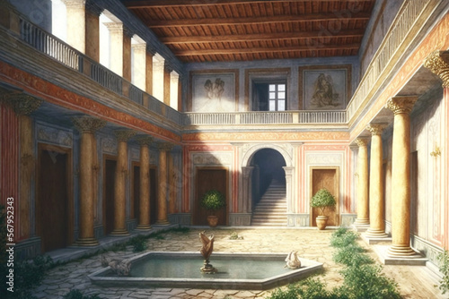 Roman Ancient Home interior with fresco paint on wall court garden relax room