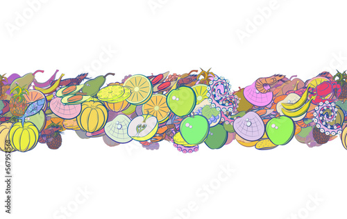 Background pattern abstract design texture. Seafood and Fruits. Horizontal seamless stripe. Border frame, transparent background. Theme is about pear, big, pieces, crab, seafood, bunch, incision