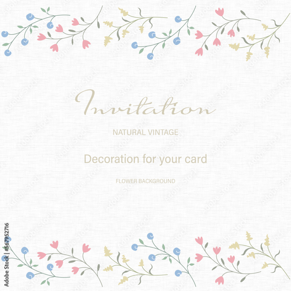 Obraz premium Greeting card flowers frame template on fabric texture. Floral nature invitation card can be used for wedding, birthday, holiday, flyers, brochure, business and other decoration background. Vector EPS
