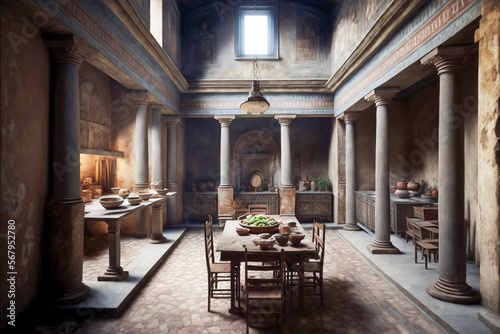 Roman Ancient Home interior with fresco paint on wall kitchen