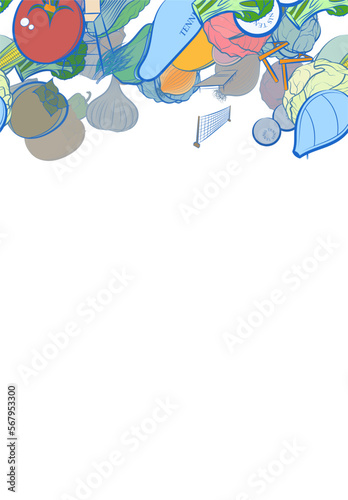 Background pattern abstract design texture. Tennis and Health food. Horizontal seamless stripe. Border frame, transparent background. Theme is about tennis racket case, net, tart, game, carrot