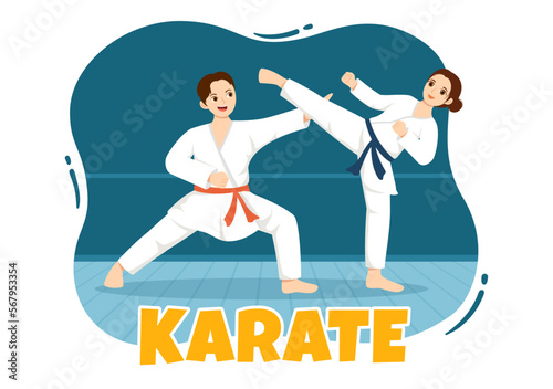 People Doing Some Basic Karate Martial Arts Moves, Fighting Pose and Wearing Kimono in Cartoon Hand Drawn for Landing Page Templates Illustration