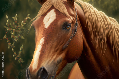 Nature on a horse. Horse portrait, brown horse. Generative AI