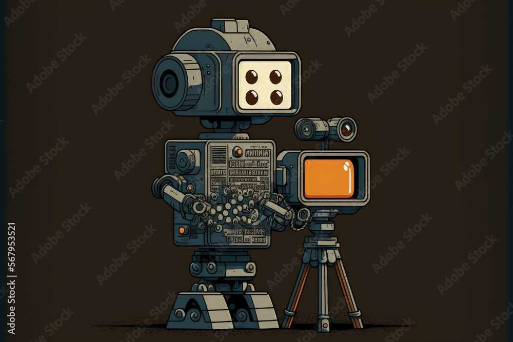 Fototapeta premium Robot cameraman, assistant with clapperboard behind the scene motion picture Robots. Black background, copy space. Generative AI