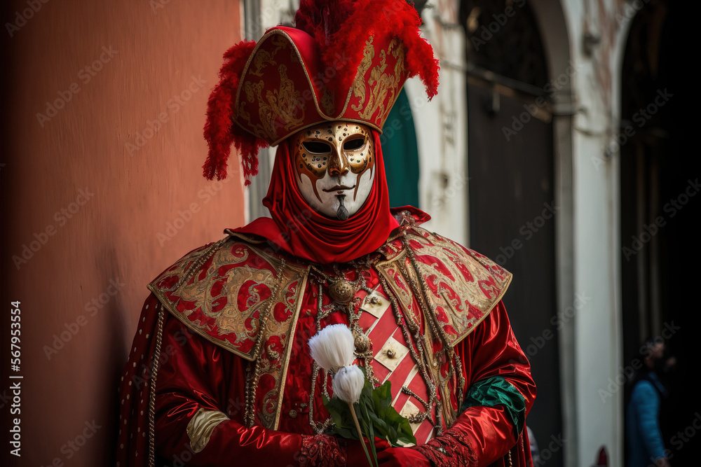 Carnival in Venice, Italy, on February 19, 2020, with a court jester mask wearing red clothing. Generative AI