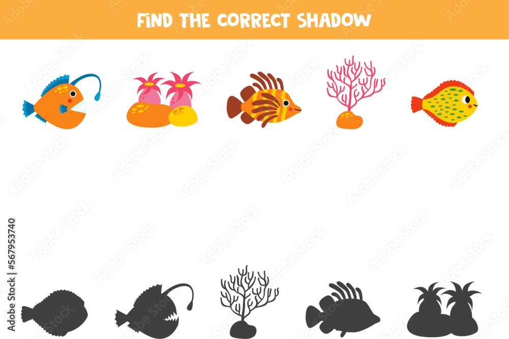 Find the correct shadows of cute sea animals. Logical puzzle for kids.