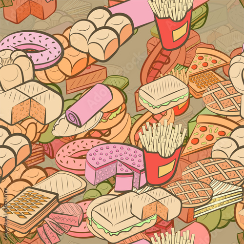Background pattern abstract design texture. Seamless. Bakery products and American food. Theme is about waffles, round, American cake, cut, topping, two-layer, strudel, filling, braid, lush