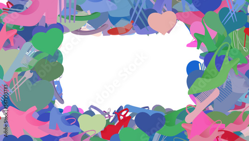 Background pattern abstract design texture. Border frame, transparent background. Theme is about pumps, barrette, everyday, hairpin, salon, platform heels, slingback shoes, casual, season