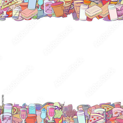 Background pattern abstract design texture. American food and Drinks. Horizontal seamless stripes. Border frame, transparent background. Theme is about Cup, lemon, steak, drinking straw