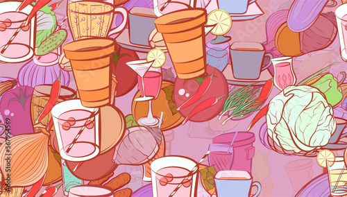 Background pattern abstract design texture. Seamless. Drinks and Health food. Theme is about Martini, tart, glass, compote, whole onion, thread, wine, soda can, in the leaves, cardboard