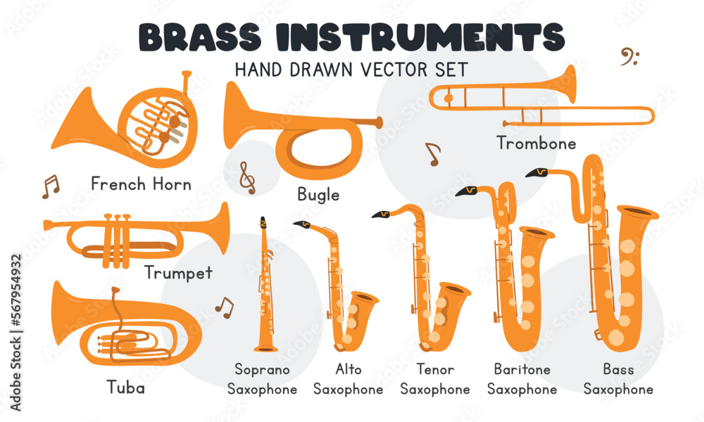 Brass instruments vector set. Simple cute trumpet, bugle, trombone, tuba,  saxophone, french horn brass musical instrument clipart cartoon style. Wind  instrument trumpet hand drawn doodle style Stock Vector
