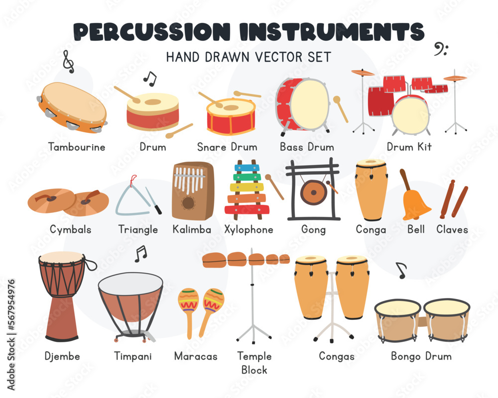 Percussion instruments vector set. Simple cute tambourine, drums, cymbals,  conga, bongo, maracas, triangle, gong, kalimba percussion family musical  instrument clipart cartoon style, hand drawn doodle Stock Vector