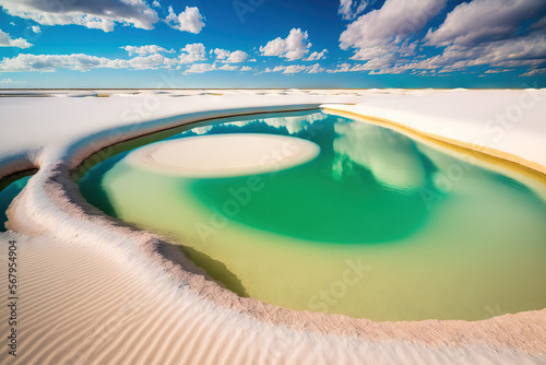 Natural rainwater pool on the white sand desert with turquoise and green lagoons of Lencois Maranhenses National Park in Maranhao, Brazil. ideal vacation location in a remote area. Generative AI photo