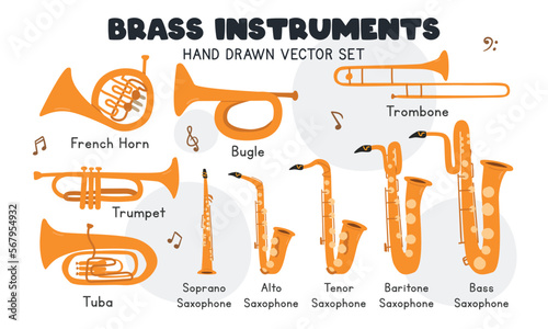 Brass instruments vector set. Simple cute trumpet, bugle, trombone, tuba, saxophone, french horn brass musical instrument clipart cartoon style. Wind instrument trumpet hand drawn doodle style