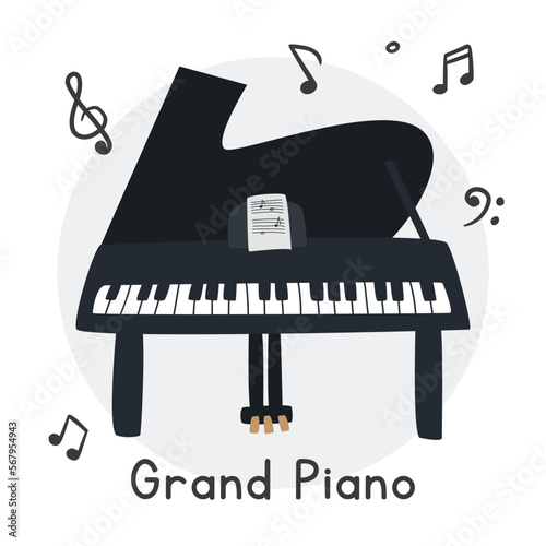 Grand piano clipart cartoon style. Simple cute grand piano with music sheet flat vector illustration. Keyboard musical instrument grand piano hand drawn doodle style. Grand piano vector design