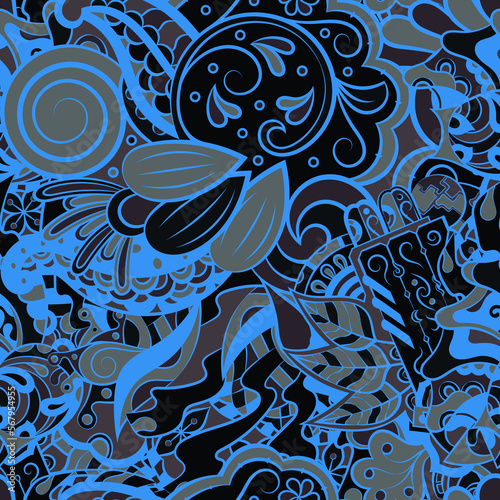 Tracery seamless pattern. Mehndi design. Dark sharp colors. 6 colors. Ethnic doodle texture. Curved doodling background. Vector