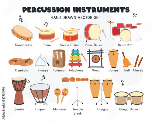 Percussion instruments vector set. Simple cute tambourine, drums, cymbals, conga, bongo, maracas, triangle, gong, kalimba percussion family musical instrument clipart cartoon style, hand drawn doodle photo