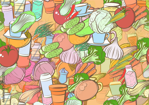 Background pattern abstract design texture. Seamless. Health food and Drinks. Theme is about compote, alcohol, cob, healthy food, drink, glare, tomato, heads, drinking tube, drinking straw