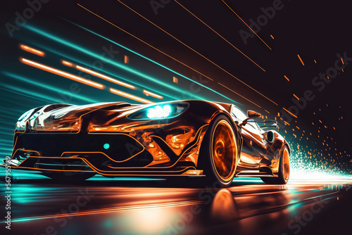 Sports car traveling fast on a neon highway. Supercar's quick acceleration on a nighttime track with elaborate lighting and tracks. Generative AI © 2rogan